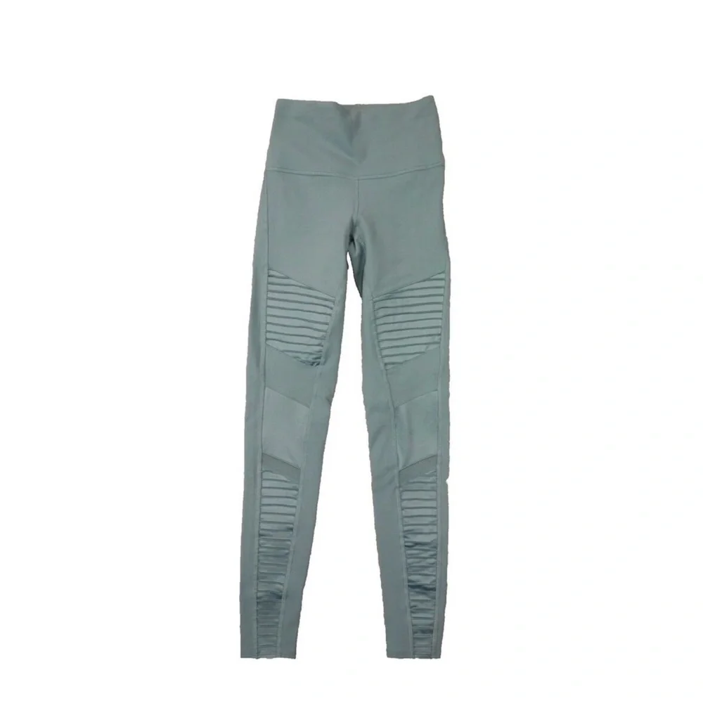 High-Waist Moto Ribbed‎ Leggings - Sage Green blue